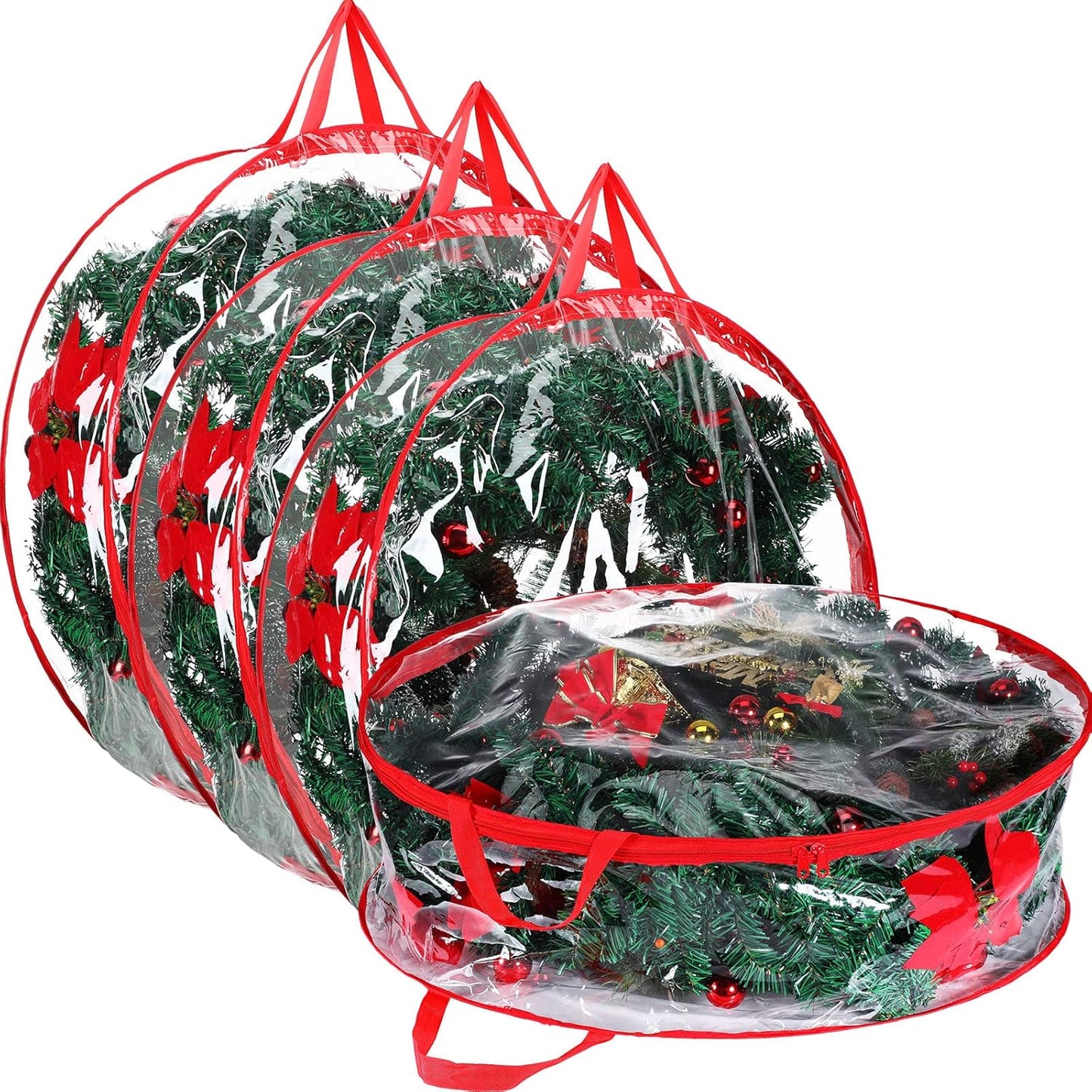 Shappy Clear Christmas Wreath Storage Container - 24 Inch Xmas Wreath Bag with Dual Zippers & Reinforced Handles | Red