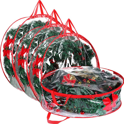 Shappy Clear Christmas Wreath Storage Container - 24 Inch Xmas Wreath Bag with Dual Zippers & Reinforced Handles | Red