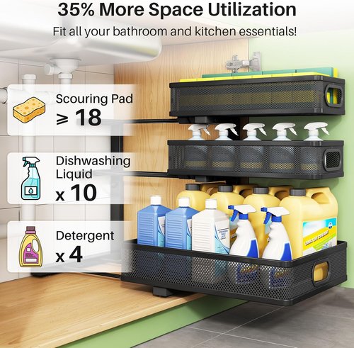 Kitstorack Under Sink Organizer - 2-Pack Adjustable Metal Cabinet Shelf | Slide-Out Storage for Bathroom & Kitchen