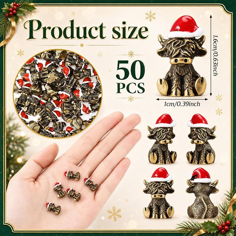 Highland Cow Christmas Figurine Set - 50 Mini Brass-Finish Zinc Alloy Sculptures, Variation: Highland Cow