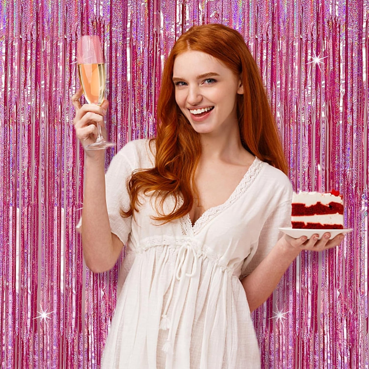 Skiennix Tinsel Curtain Backdrop - Pink Glitter Foil Fringe for Birthday, Wedding & Party Decor | 10 Packs