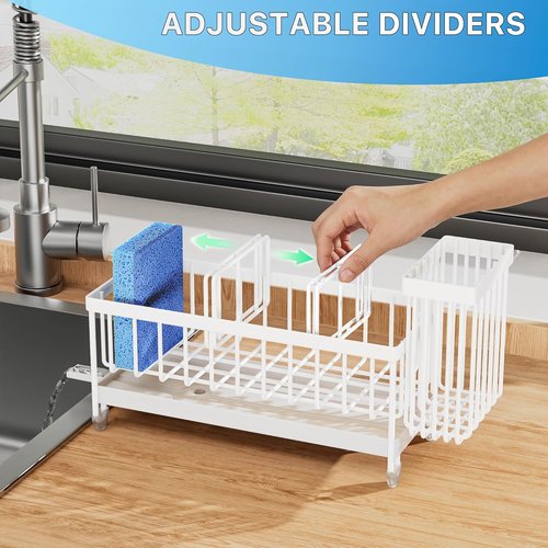 Cisily Kitchen Sink Caddy Organizer - Rustproof 304 Stainless Steel Sponge Holder | White, 9.25”