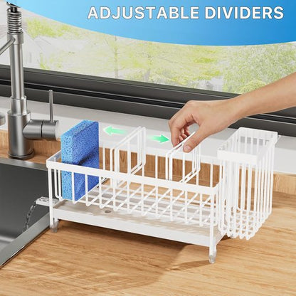 Cisily Kitchen Sink Caddy Organizer - Rustproof 304 Stainless Steel Sponge Holder | White, 9.25”