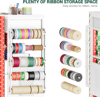 PUNLUXU Wrapping Paper Storage Cart - Rolling Gift Wrap Station with Ribbon & Gift Bag Holder