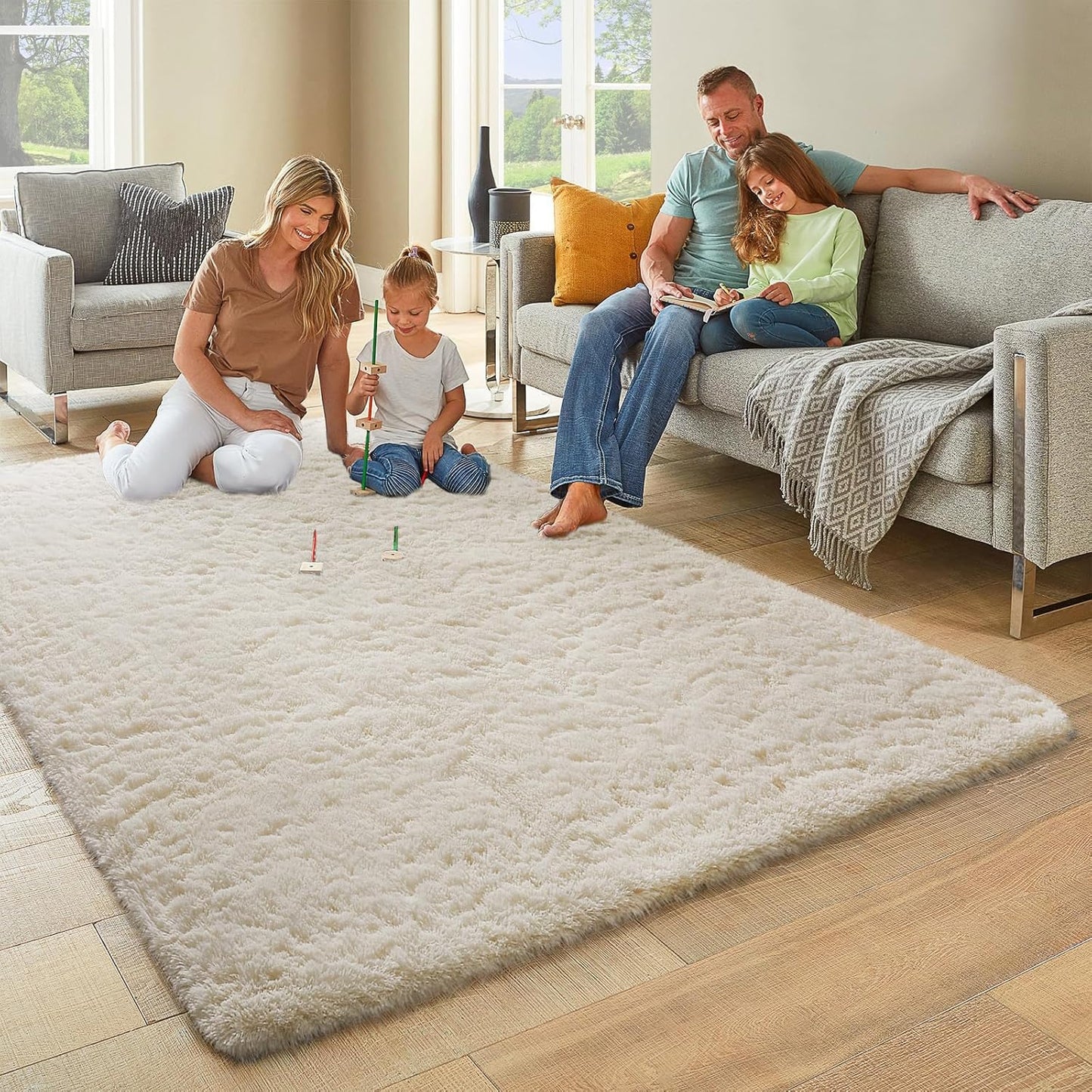 Ophanie Area Rugs - Soft Non-Slip Fluffy Shag Carpet for Living Room & Bedroom - Ivory 7x10 Size