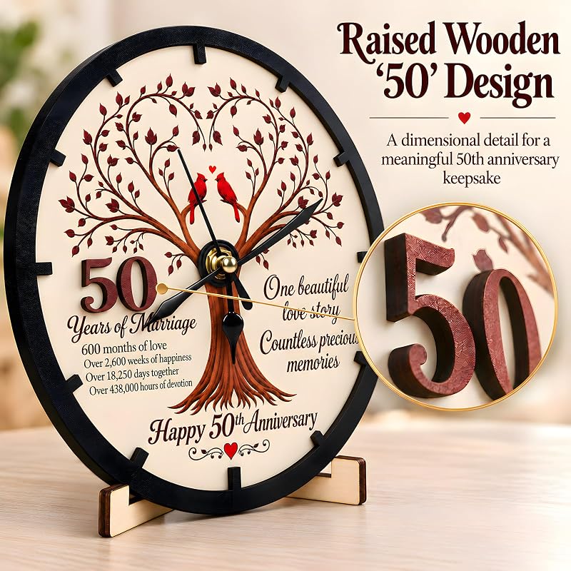 50th Anniversary Wooden Clock Keepsake - Tree of Life, Cardinal Design, 7-Inch Desk Clock