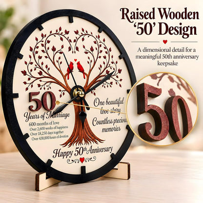 50th Anniversary Wooden Clock Keepsake - Tree of Life, Cardinal Design, 7-Inch Desk Clock