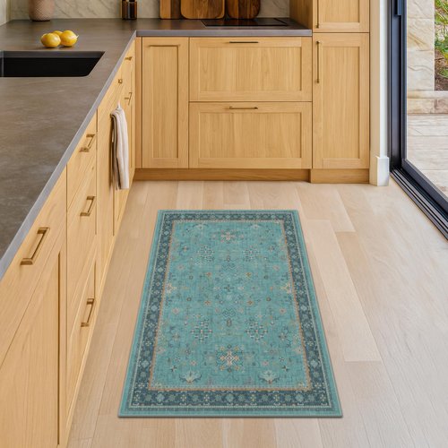 2x3 Washable Teal Rug for Entryway Indoor, Kitchen Floor Waterproof, Bathroom, Powder Room, Non Slip Low Pile Stain & Fade Resistant, Modern Turquoise Aqua Décor