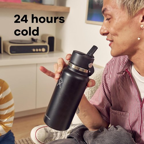 Hydro Flask Water Bottle - Insulated Stainless Steel | 32 Oz Wide Mouth with Flex Straw Lid - Leakproof & Refillable in Tonal Black
