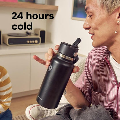 Hydro Flask Water Bottle - Insulated Stainless Steel | 32 Oz Wide Mouth with Flex Straw Lid - Leakproof & Refillable in Tonal Black