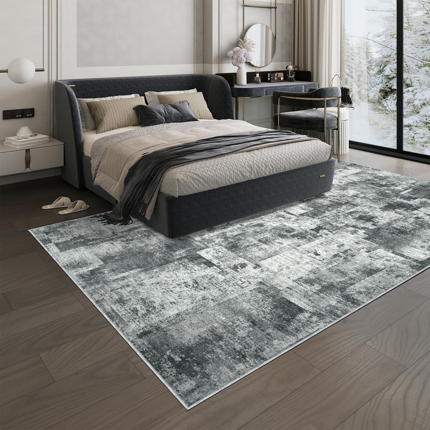 6x9 Area Rugs Washable Living Room Rug: Neutral Abstract Modern Carpet Soft Thin Low Pile 6 by 9 Rugs for Bedroom Kitchen Dining Room Nursery Non Slip Rubber Backed Indoor Home Office - Black/Grey