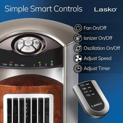 Lasko Oscillating Tower Fan - Quiet Remote-Controlled Floor Fan for Bedroom | 42" Woodgrain & Grey