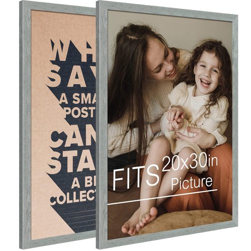 Frametory, 20x30 Poster Frame Grey Distressed Grain Style Frames for 30 by 20 Picture or Photo- Wide Moulding Design with Acrylic Glass - Wall Display Hanging(2 Pack)
