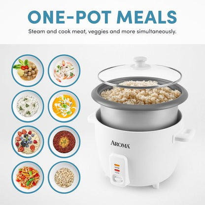 AROMA® Rice Cooker - 8-Cup Uncooked | One-Touch Control & Soup Warmer, 4 Qt, White, ARC-368NG