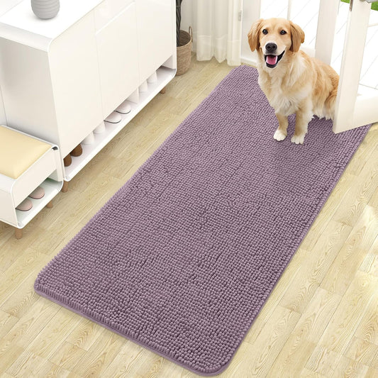 OLANLY Dog Door Mat - Absorbent Non-Slip Chenille for Muddy Paws | 47x24 Deep Plum Indoor Carpet