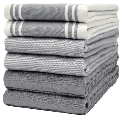 Premium Kitchen Towels (20”x 28”, 6 Pack) | Large Kitchen Hand Towels | Kitchen Towels Cotton | Flat & Terry Towel | Highly Absorbent Tea Towels Set with Hanging Loop | Wide Stripe Grey