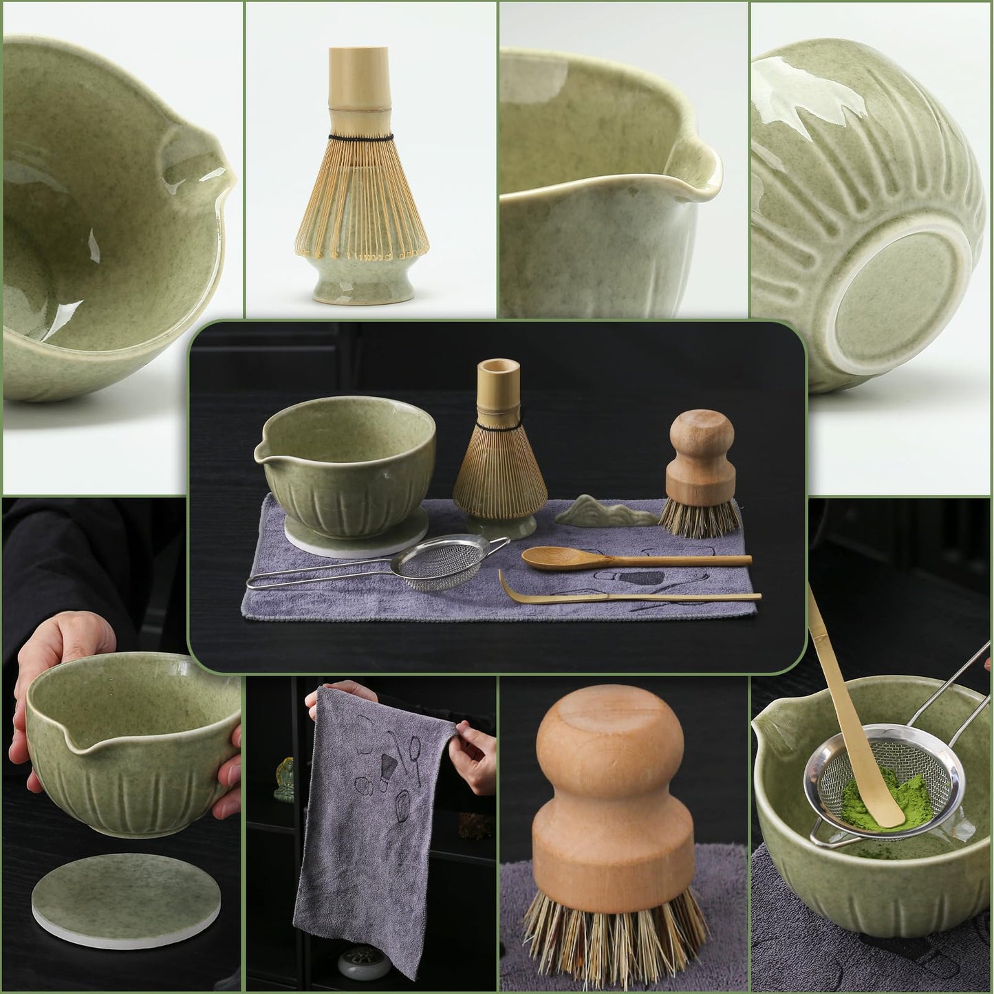TANG PIN Matcha Whisk Set, 15 OZ Matcha Bowl, Matcha Whisk and Stand, Scoop, Spoon, Sifter, Coaster, Cleaning Brush and Tea Towel, 10 Pcs Perfect Matcha Kit for Matcha Tea Ceremony