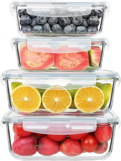 KOMUEE Glass Food Storage Containers Set - 4 Pack, Airtight Lids, BPA-Free, 63oz & 27oz Sizes