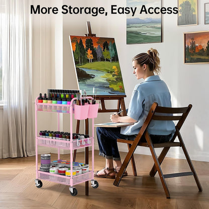 YASONIC 3-Tier Rolling Cart - Metal Utility Storage Cart with Wheels & Hooks | Pink Craft Organizer