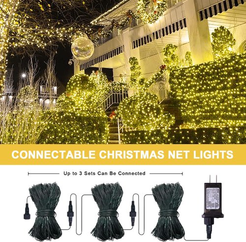 JMEXSUSS 360 LED Christmas Net Lights - Waterproof, Connectable 12ft x 5ft with Remote | Warm White Mesh Lights for Outdoor Decorations