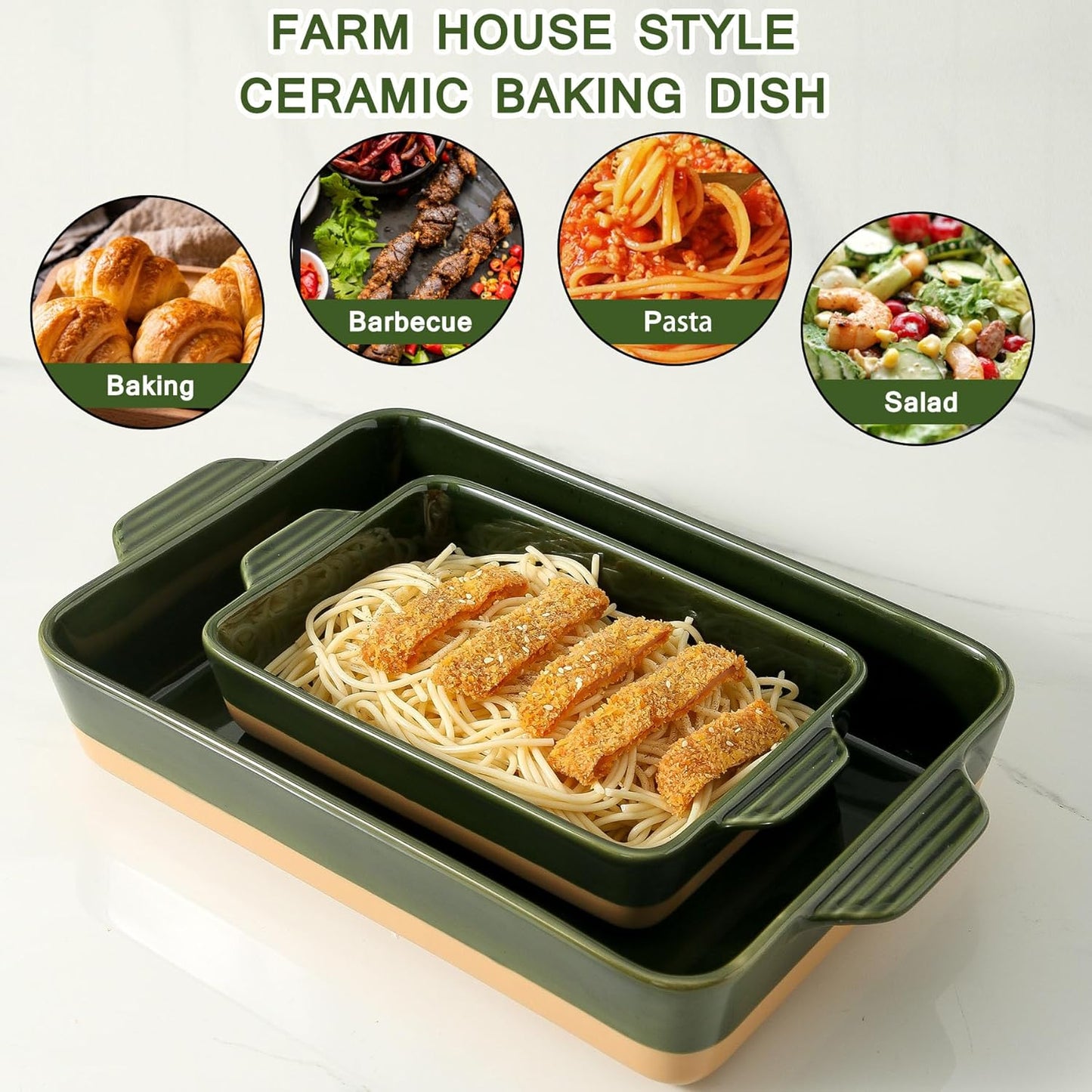 Regine Switzerland Ceramic Baking Casserole Dish - Large 9x13 Inch Pan with Handles in Forest Green
