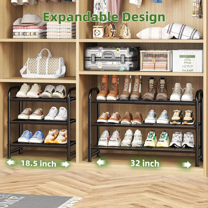 Simple Trending 3-Tier Expandable Shoe Rack - Stackable Metal Organizer for Closet & Entryway, Black