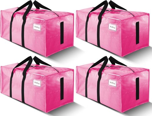 4 Pack Large Moving Bags by [Brand Name] - Water-Resistant Heavy Duty Storage Totes - Space-Saving Design (Pink)