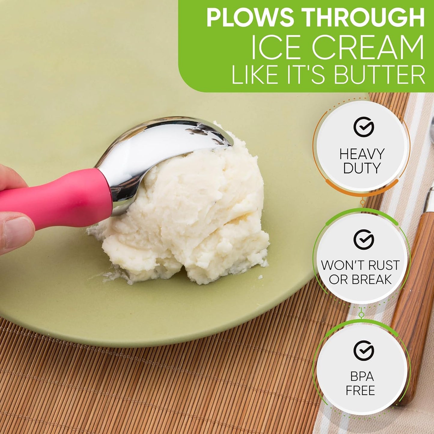 Spring Chef Heavy Duty Ice Cream Scoop - Soft Grip Handle, Metal Spoon for Gelato & Cookie Dough - Dishwasher Safe