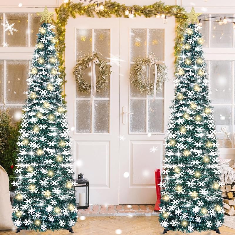 5 ft Pop Up Christmas Tree with Lights – Collapsible Tinsel Pencil Tree with Snowflake Ornaments