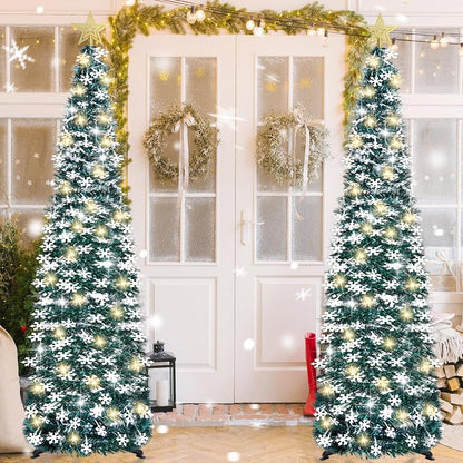 5 ft Pop Up Christmas Tree with Lights – Collapsible Tinsel Pencil Tree with Snowflake Ornaments