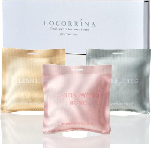 COCORRÍNA Scented Sachet Set - 3 Aromatic Bags in Sandalwood Rose, Clean Linen & White Lotus | Ideal Car Air Freshener Gift