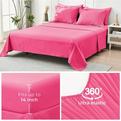 HYMOKEGE Hot Pink California King Comforter Set Seersucker 7 Pieces, All Season Luxury Bed in a Bag for Bedroom, Bedding Set with Comforter, Sheets, Pillowcases & Shams