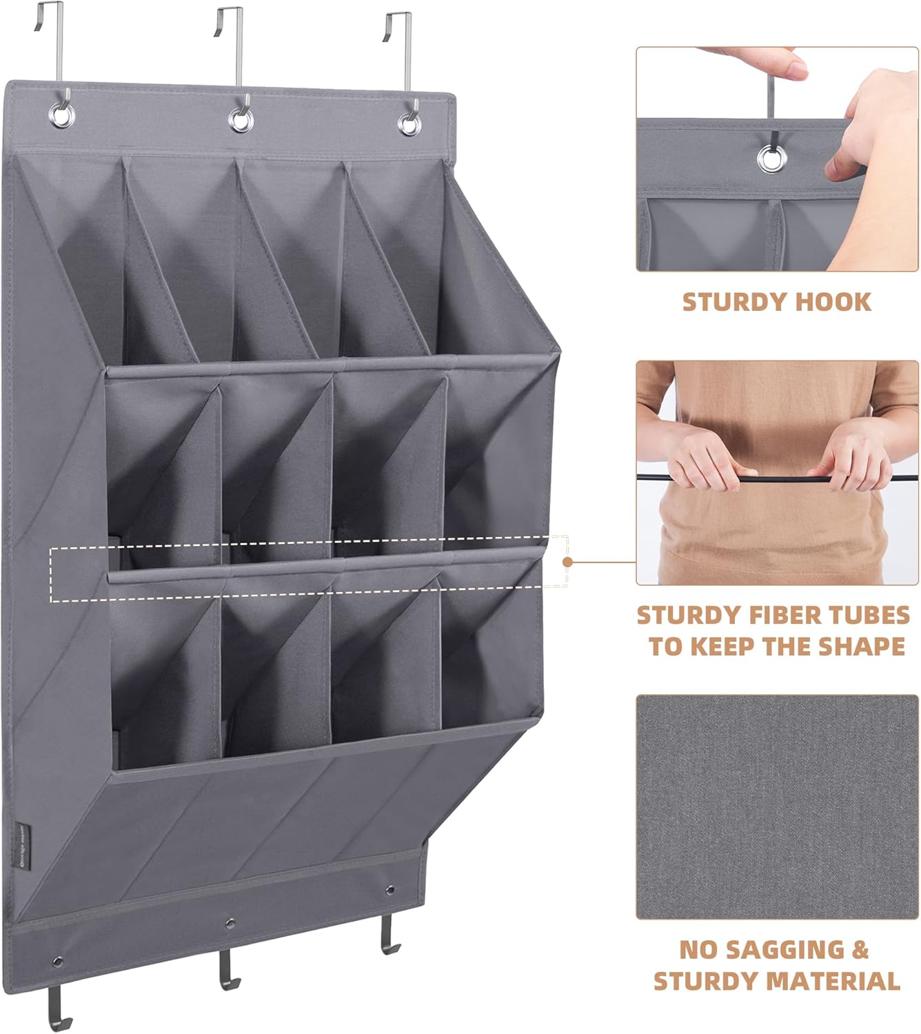 Storage Maniac Over Door Shoe Organizers - 12 Large Pockets for Closet & Dorm | Grey Hanging Rack