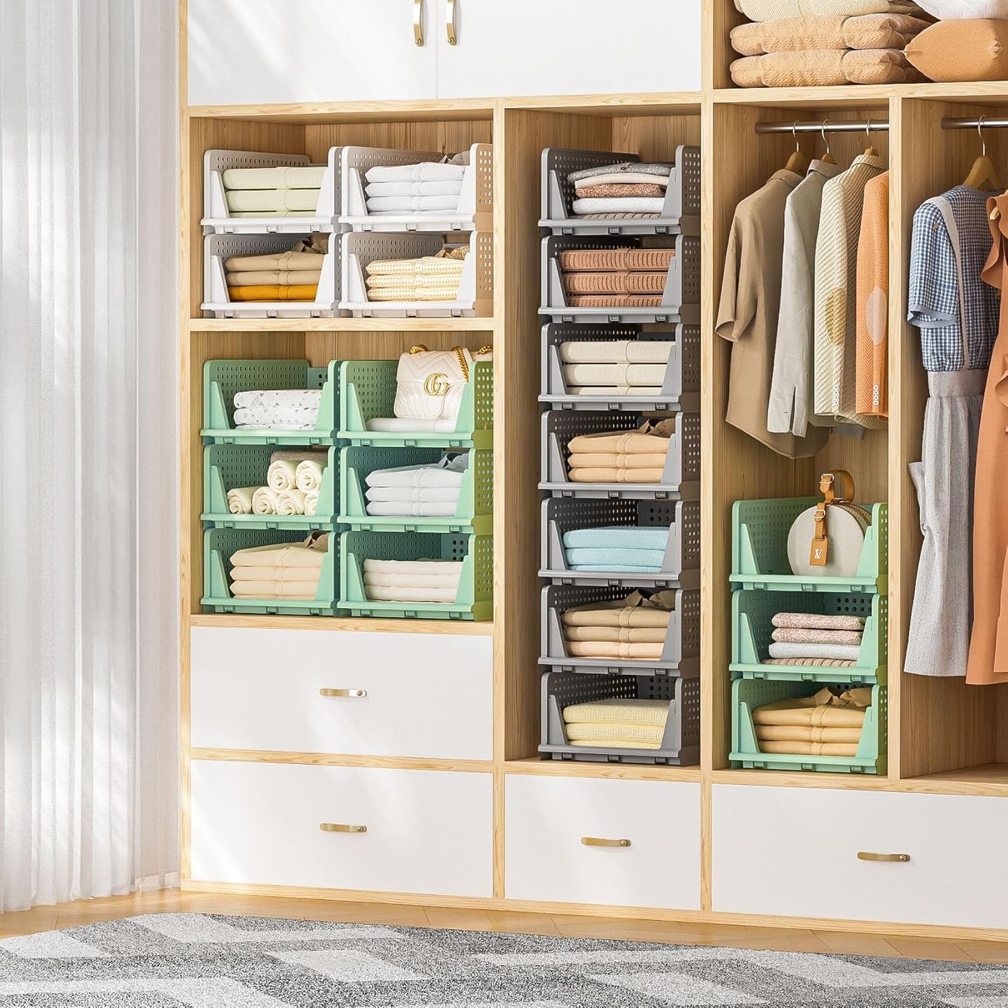 Stackable Plastic Storage Drawers - Closet Organizer Bins for Clothes | 5 Green Open Storage Bins