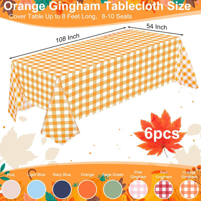 Skiennix 6 Pack Orange Gingham Tablecloths - 54 x 108 Inch Waterproof Disposable Covers for Parties & Picnics