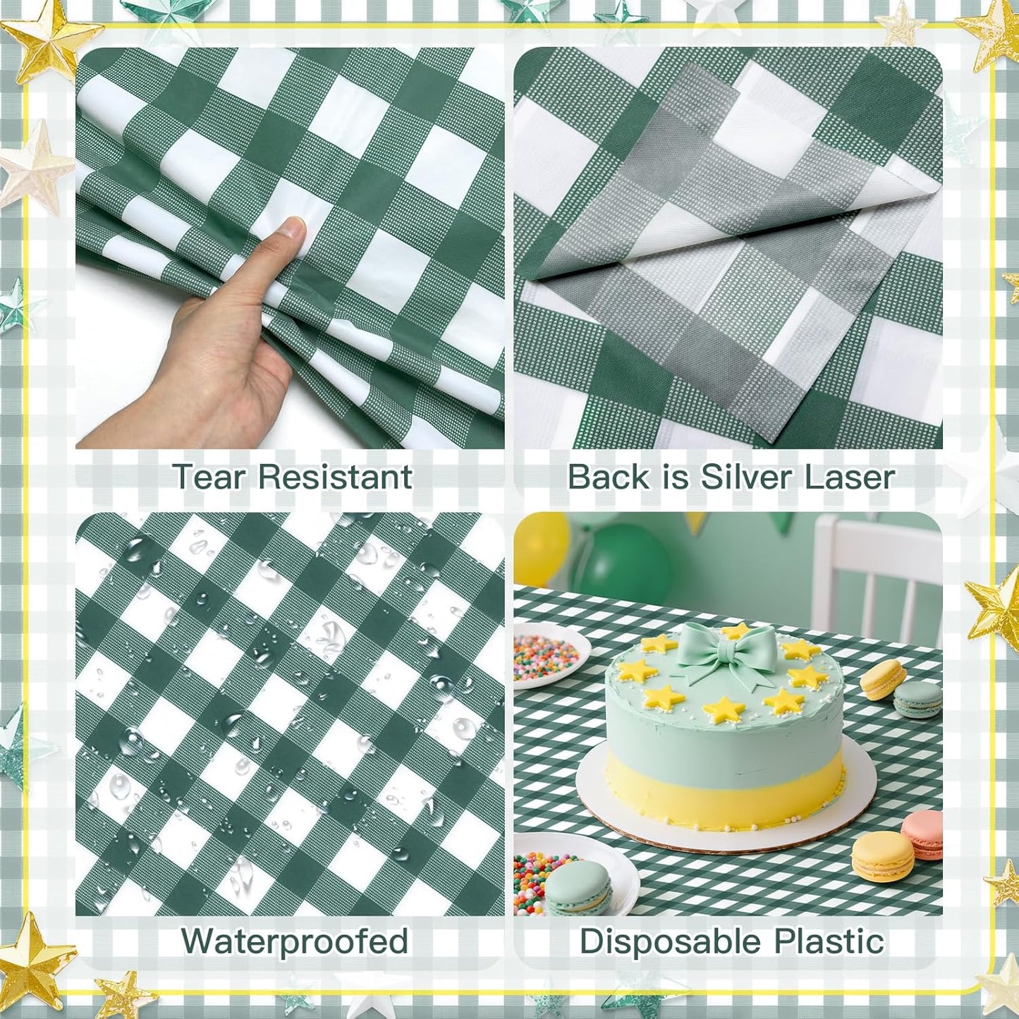 Skiennix Sage Green Striped Gingham Tablecloth - 54 x 108 Inch Disposable Waterproof Covers for Outdoor Events | Perfect for Picnics & Parties