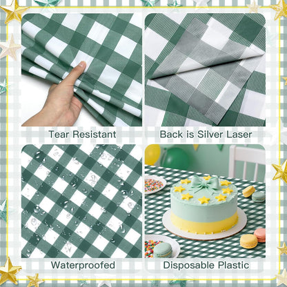Skiennix Sage Green Striped Gingham Tablecloth - 54 x 108 Inch Disposable Waterproof Covers for Outdoor Events | Perfect for Picnics & Parties