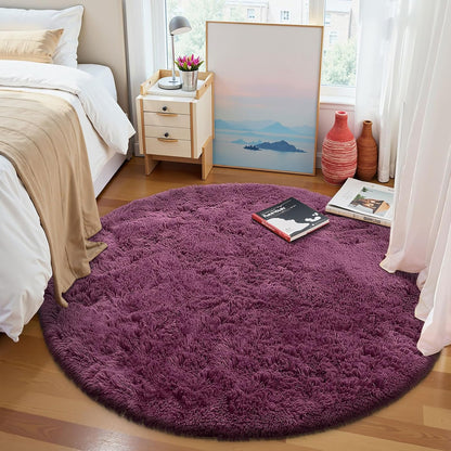 OLANLY Round Burgundy Area Rug - Soft, Fluffy, Machine Washable 9 ft Circle Carpet for Bedrooms & Living Rooms