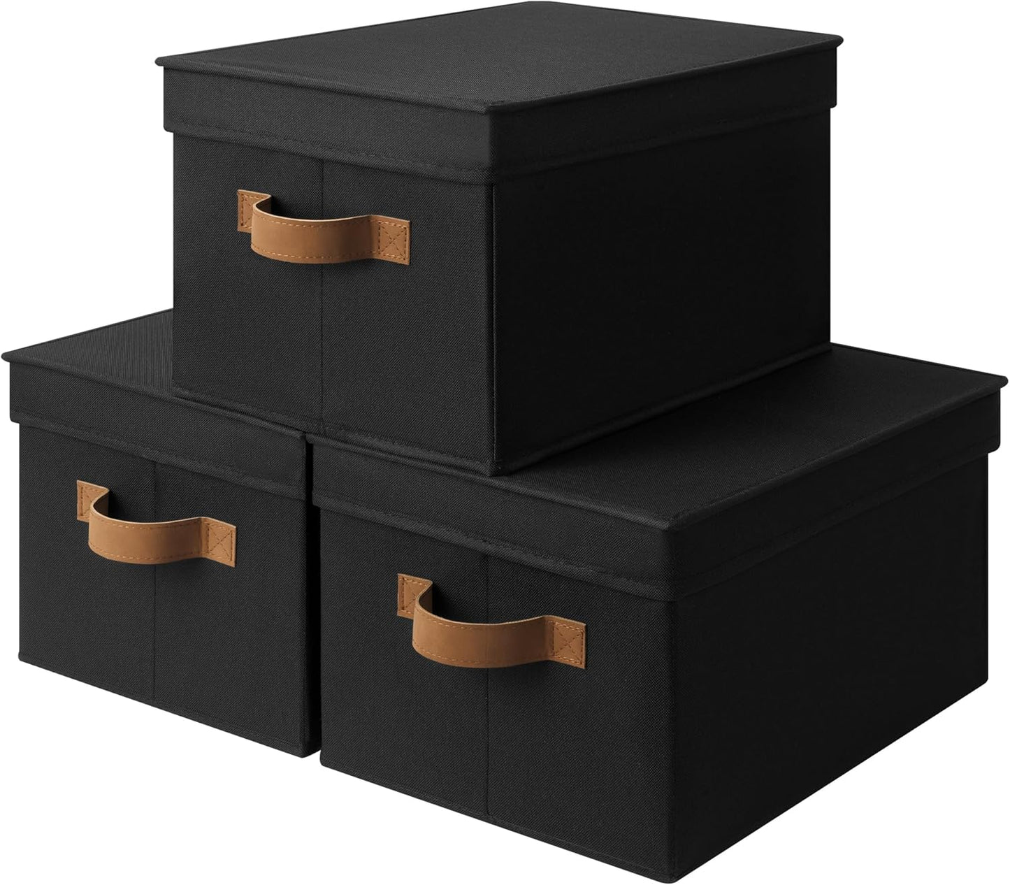 StorageWorks Black Storage Bins - Decorative Foldable Boxes with Lids | Stackable 3-Pack for Closet & Shelves