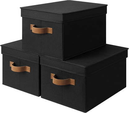 StorageWorks Black Storage Bins - Decorative Foldable Boxes with Lids | Stackable 3-Pack for Closet & Shelves