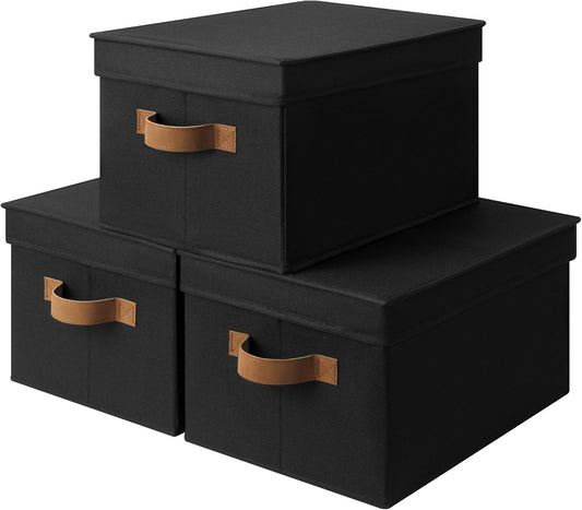 StorageWorks Black Storage Bins - Decorative Foldable Boxes with Lids | Stackable 3-Pack for Closet & Shelves