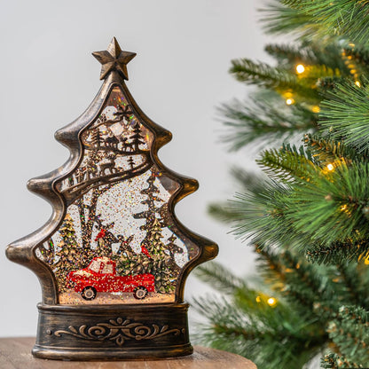Skiennix Snow Globe Lantern - 11.5 Inch Musical Christmas Tree Figurine with Red Truck & Glitter