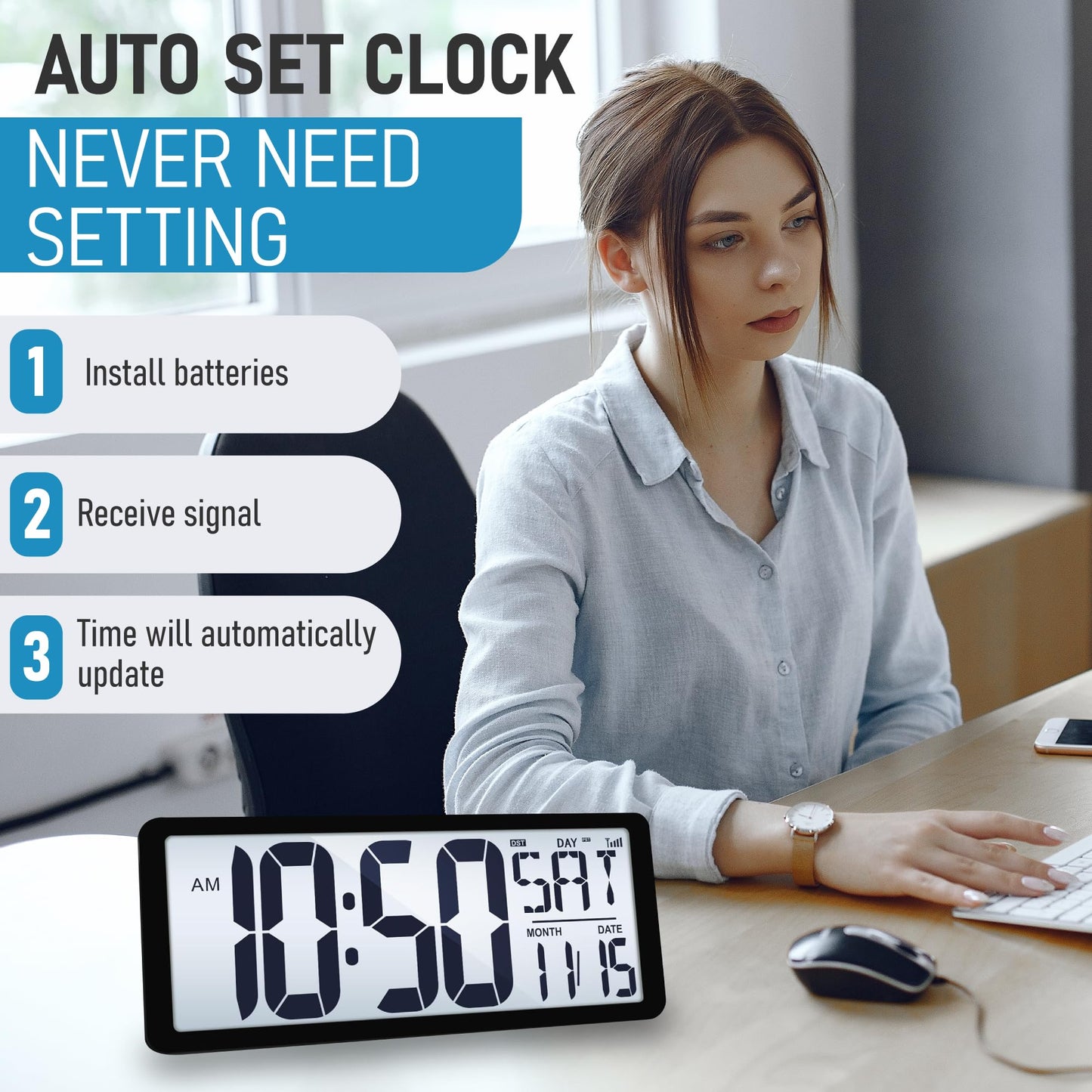 TXL Atomic Clock with Backlight, 14.2" Large Digital Wall Clock Battery Operated, Digital Clock Large Display with Day, Date & Temperature, Large Wall Clock for Bedroom, Livingroom, Office