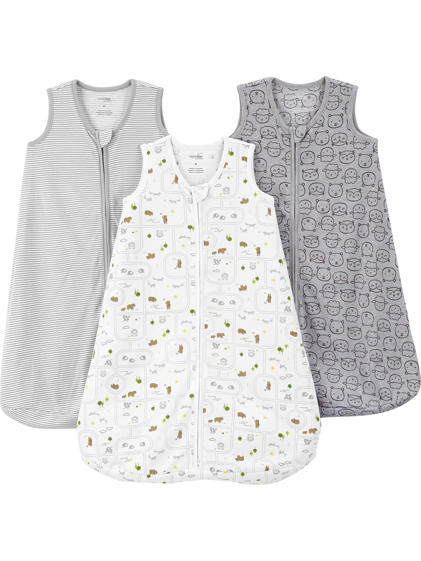 Simple Joys by Carter's Baby 3-Pack Cotton Wearable Blankets, Animal/Stripe, Large