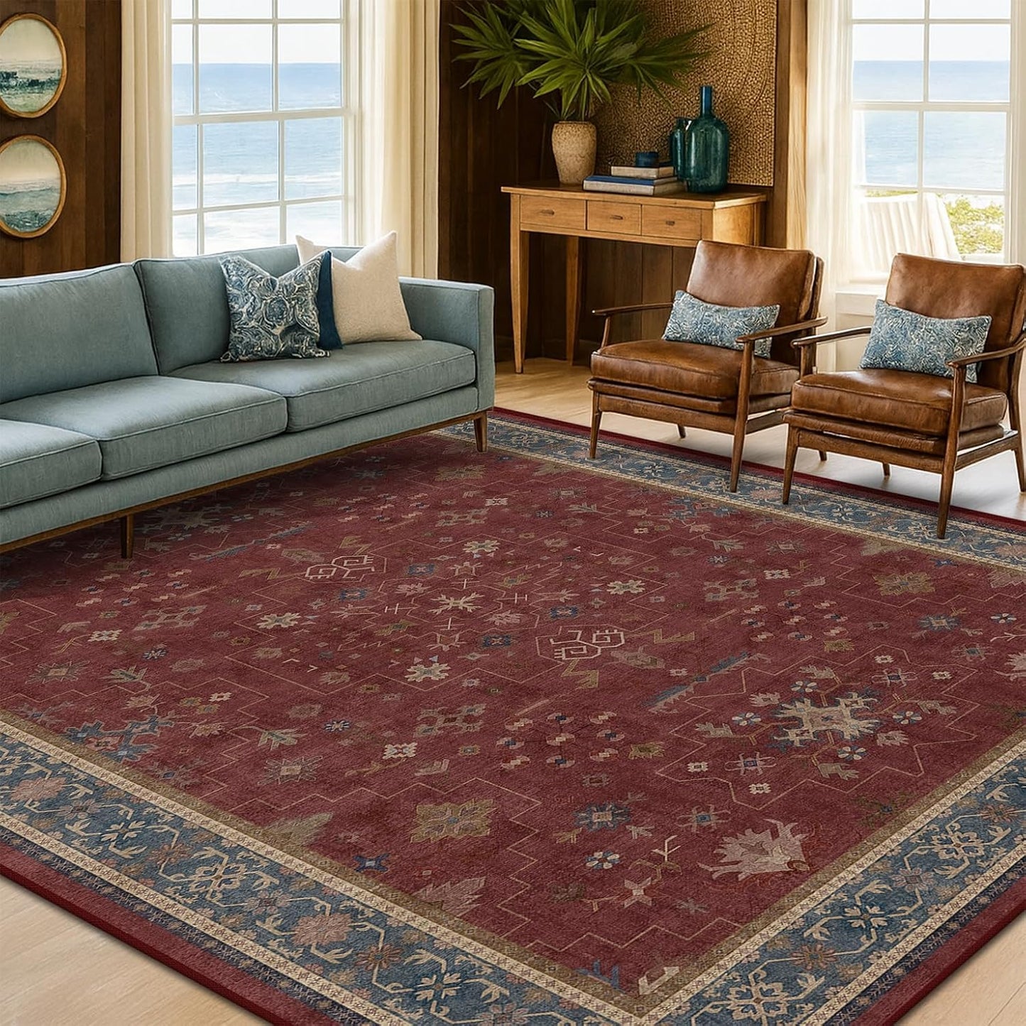 Vintage Burgundy Boho Dining Room Rug - Lightweight Washable 6x9 Low Pile Carpet | Southwestern Aesthetic