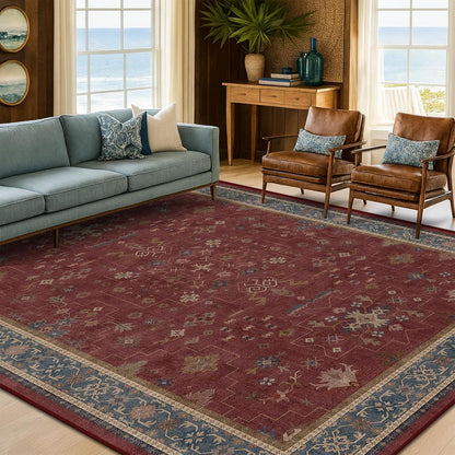 Vintage Burgundy Boho Dining Room Rug - Lightweight Washable 6x9 Low Pile Carpet | Southwestern Aesthetic