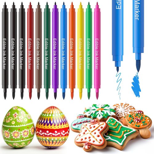 Jewem Edible Markers - 12Pcs Food Coloring Pens | Double-Sided Food Grade with Fine & Thick Tips for Cake, Cookie & Dessert Decorating