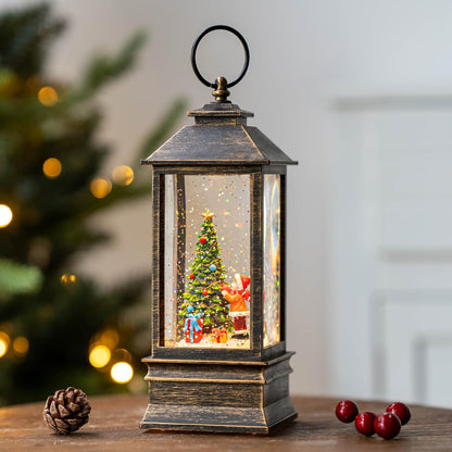 Skiennix 10'' Musical Snow Globe Lantern - Lighted Water Decoration with Swirling Glitter | Battery or USB Powered for Christmas Home Decor