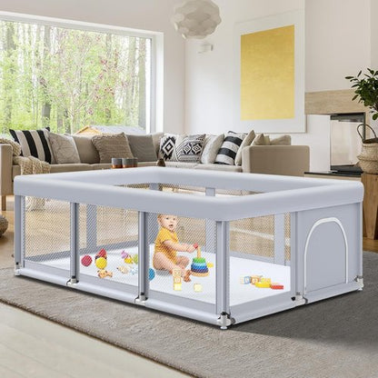Fshibila Large Baby Playpen - Sturdy Safety Playard with Soft Mesh | 74" x 50", Grey for Indoor & Outdoor Use