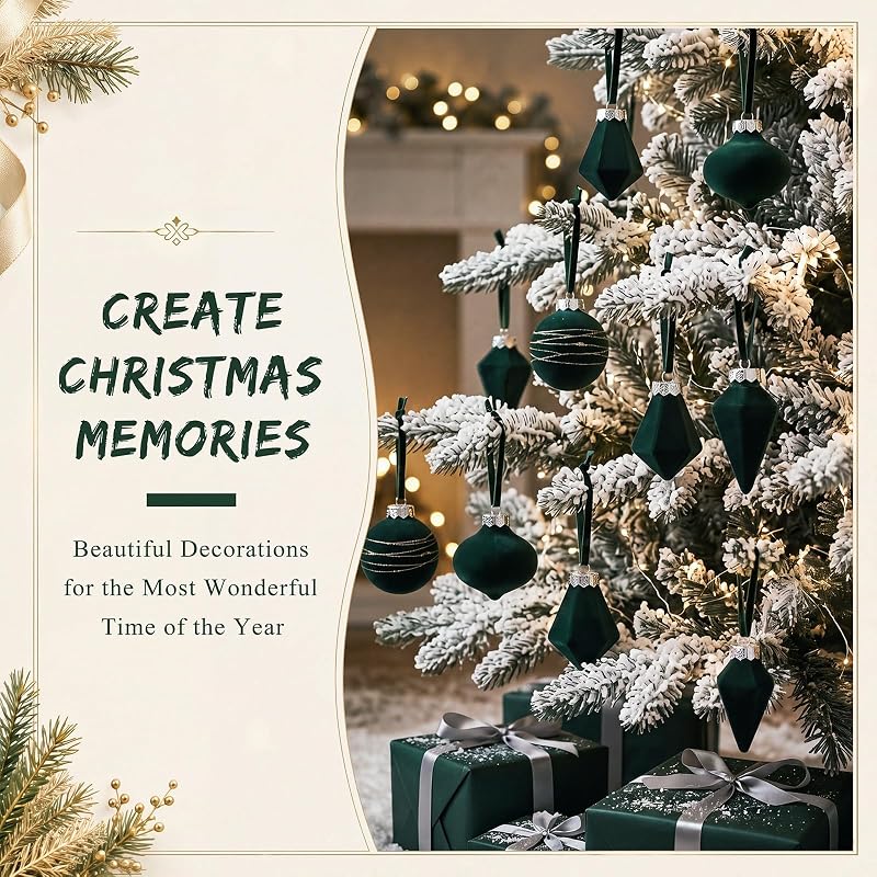Green Velvet Christmas Ball Ornaments - 24pc Shatterproof Flocked Xmas Decorations (Variation: Green+24)